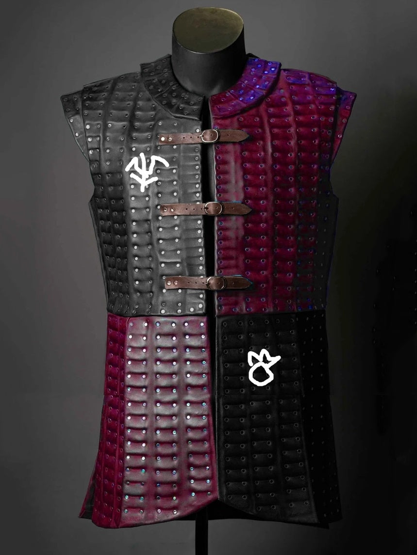 Burgundy and black custom leather brigandine with white insignia