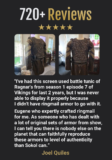 Viking battle tunic with ringmail armor on a mannequin, displayed indoors.