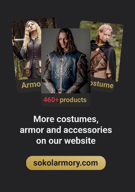 Promotional image for armor and costume products with text and website link.