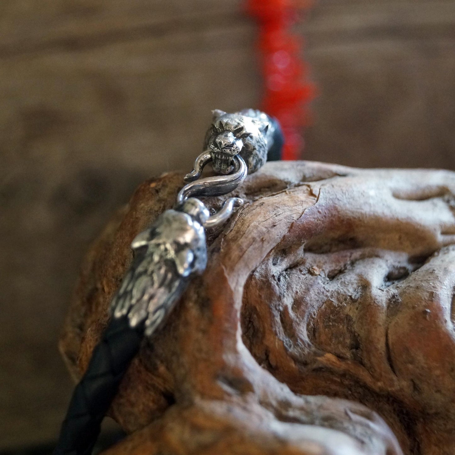Silver Tiger's Heads Leather Black Braided Bracelet