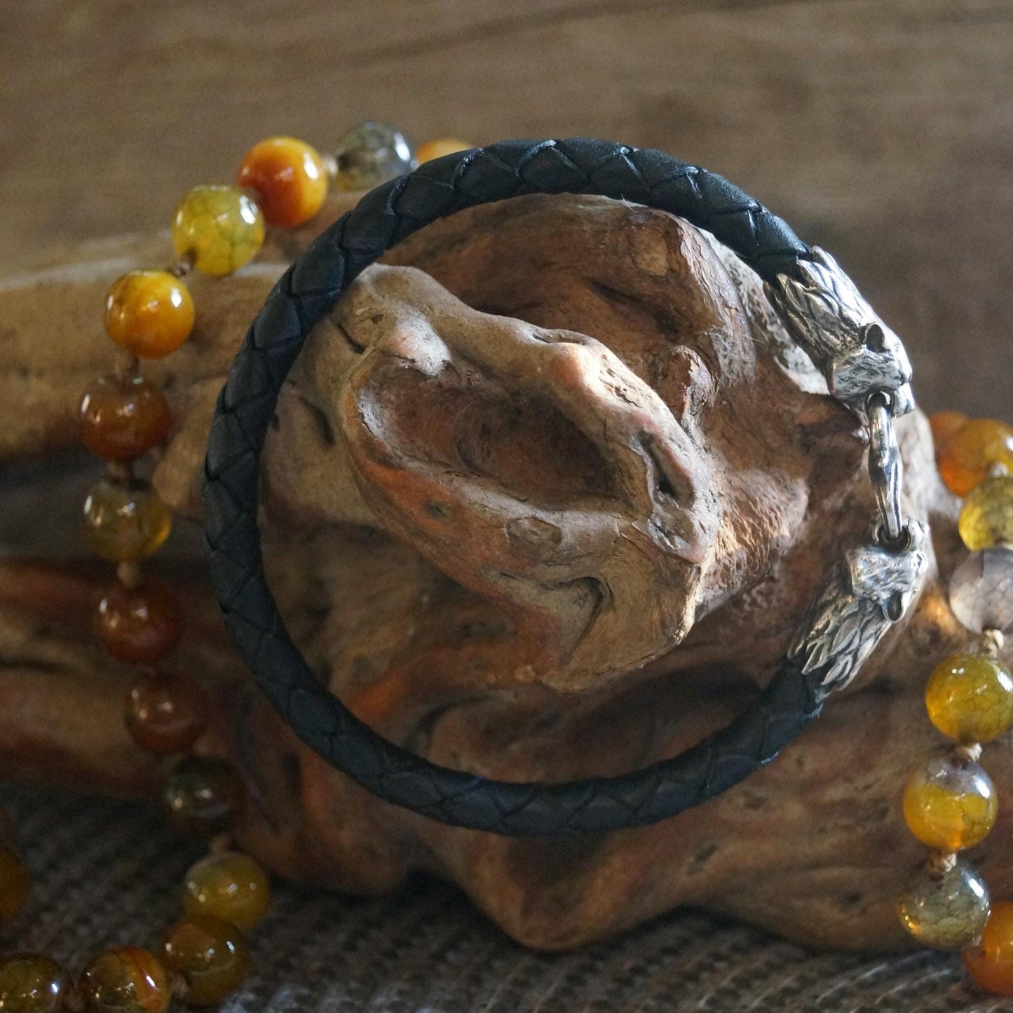 Silver Tiger's Heads Leather Black Braided Bracelet