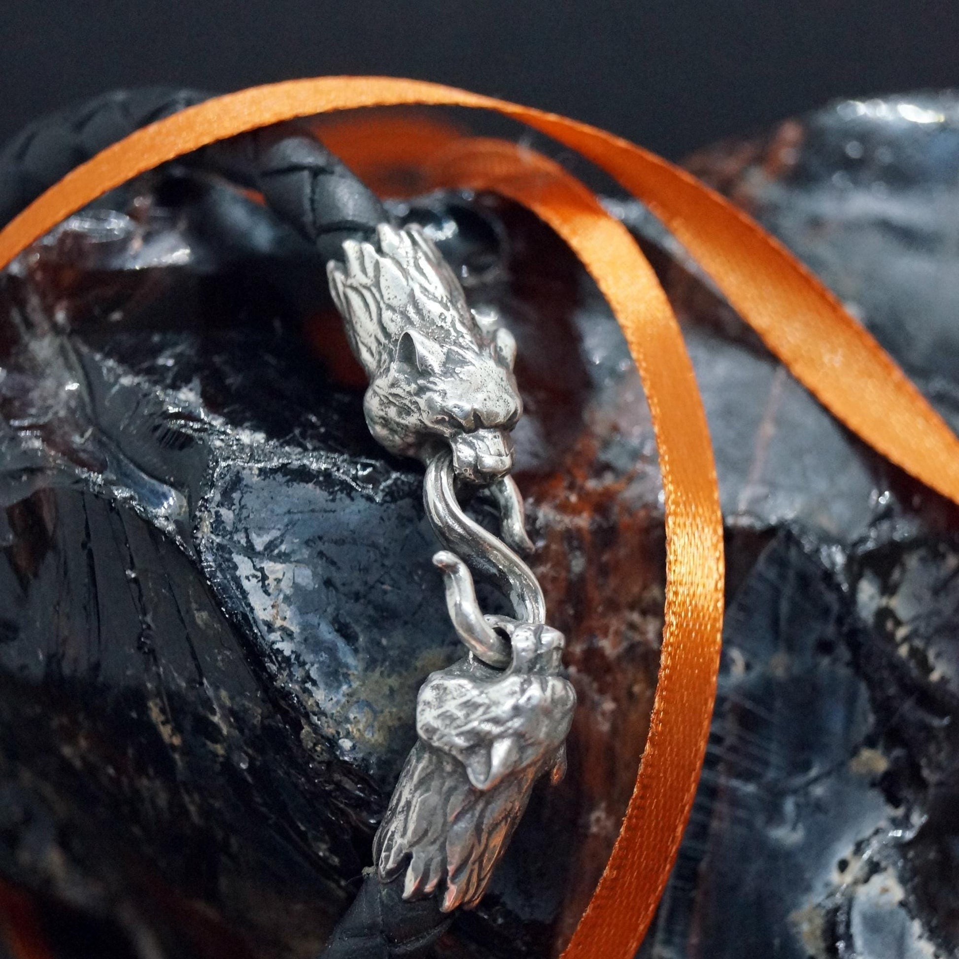 Silver Tiger's Heads Leather Black Braided Bracelet - SokolArmory