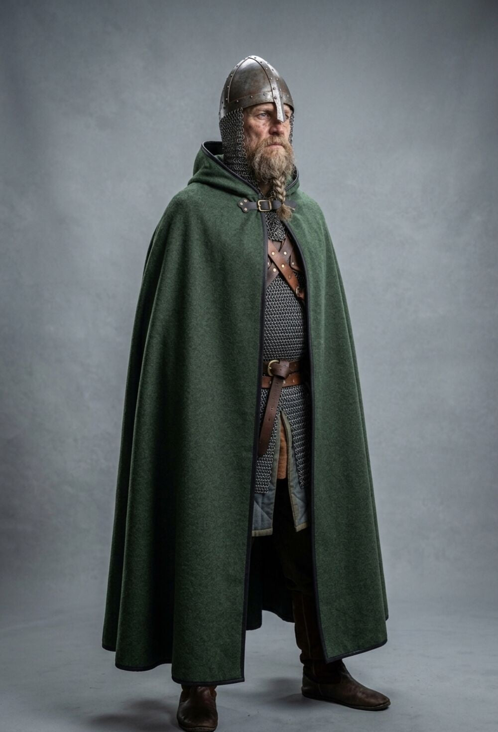 Green wool hooded cloak worn with a medieval fantasy outfit