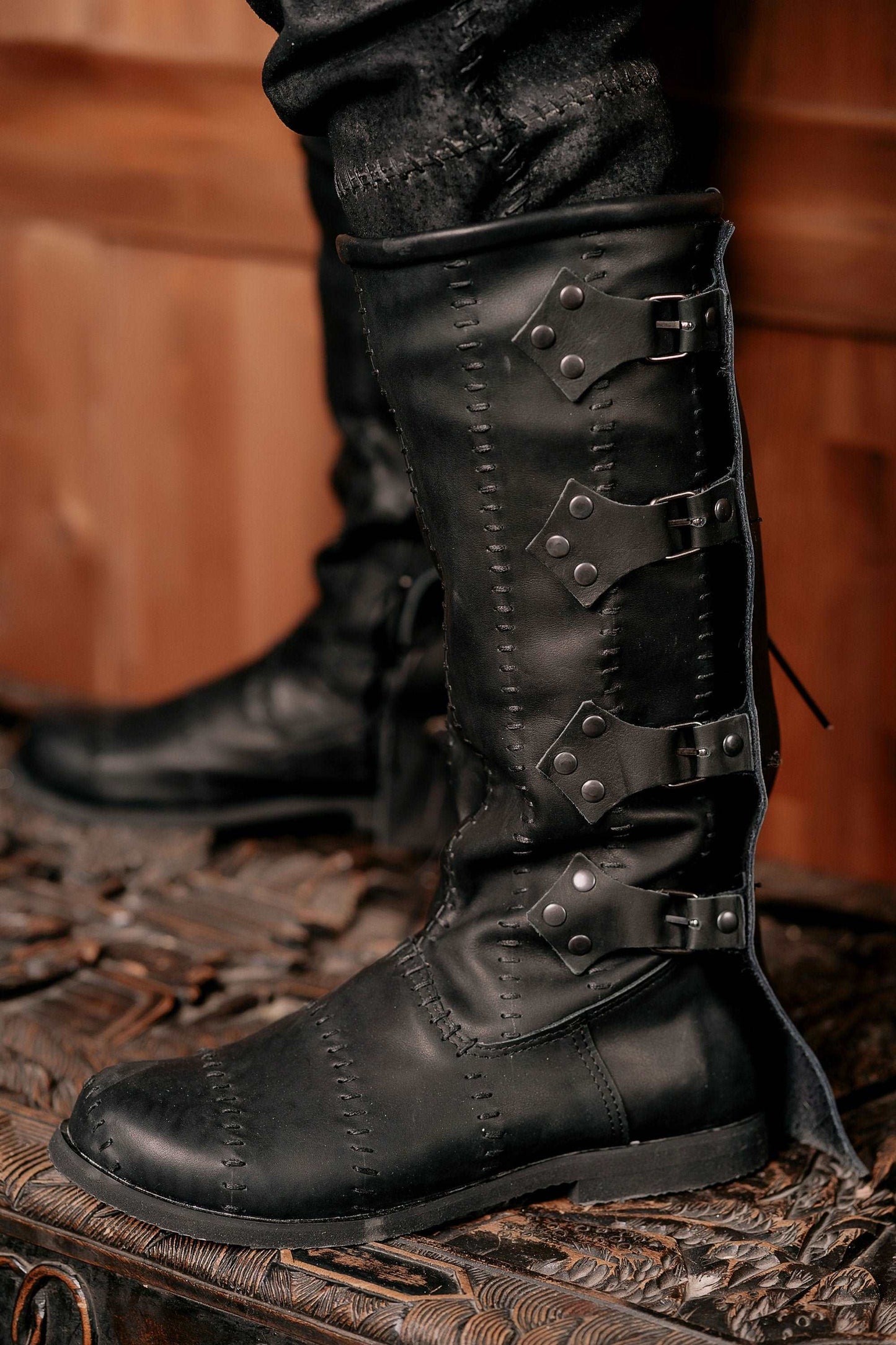 Black leather high boots with buckles - SokolArmory