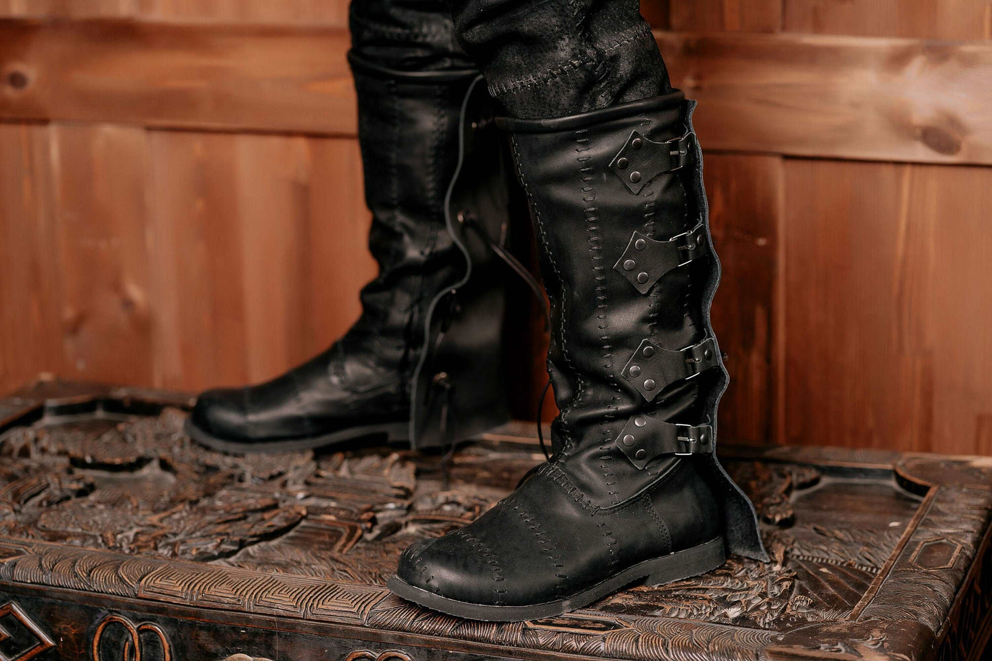 Black leather high boots with buckles - SokolArmory