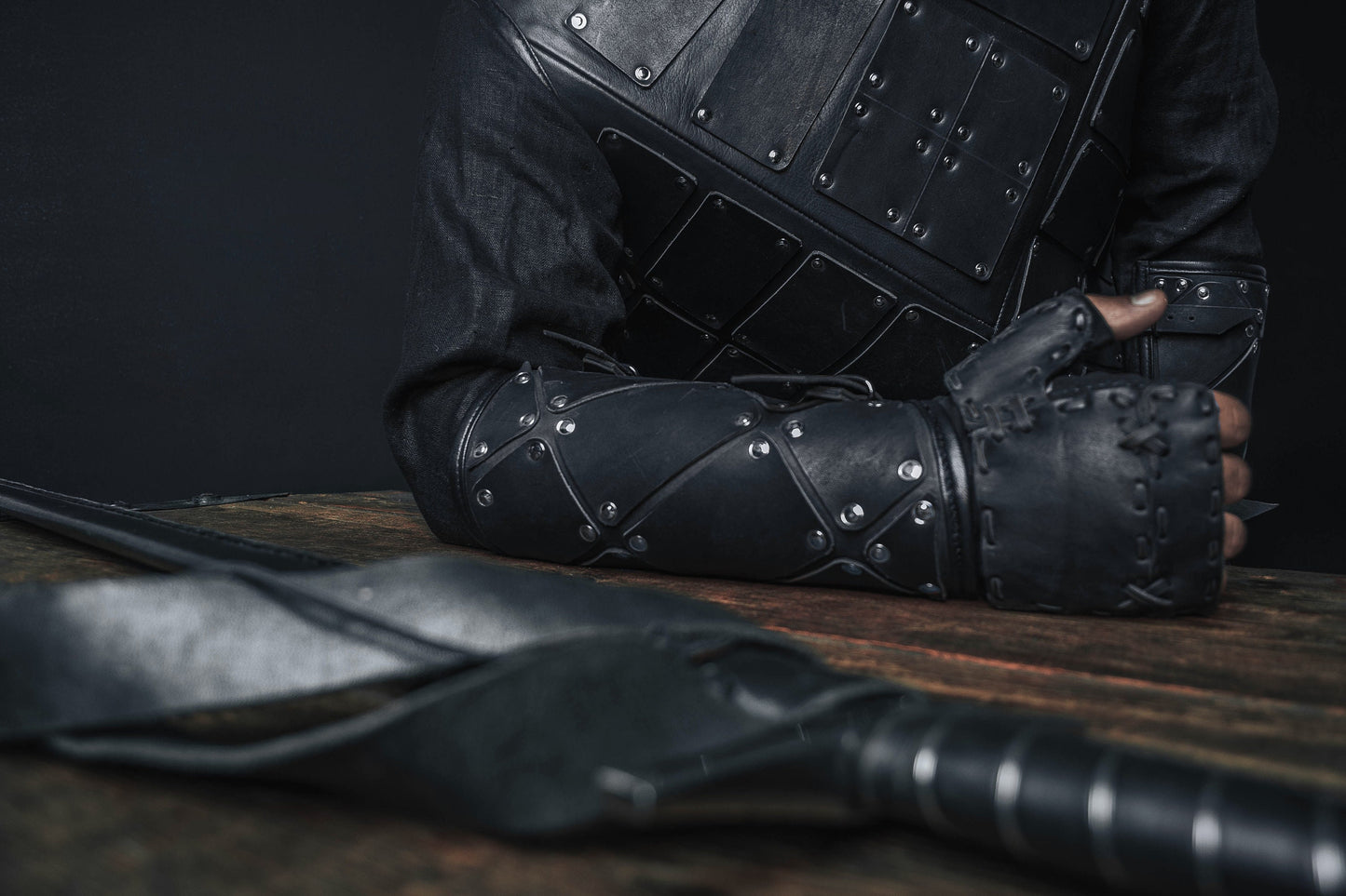 Medieval leather bracers with hand protection - SokolArmory