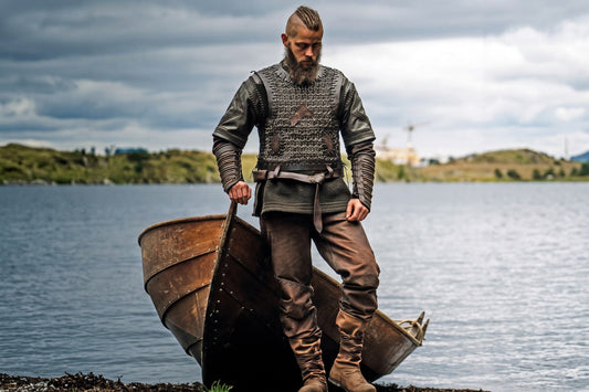 Full Ragnar season 2 costume with layered leather vest, tunic, belt, pants, bracers, and boots
