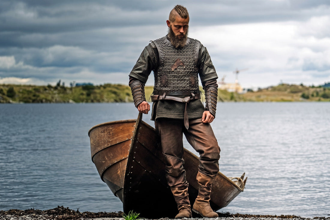 Full Ragnar season 2 costume with chainmail vest, layered tunic, belt, bracers, pants, and boots