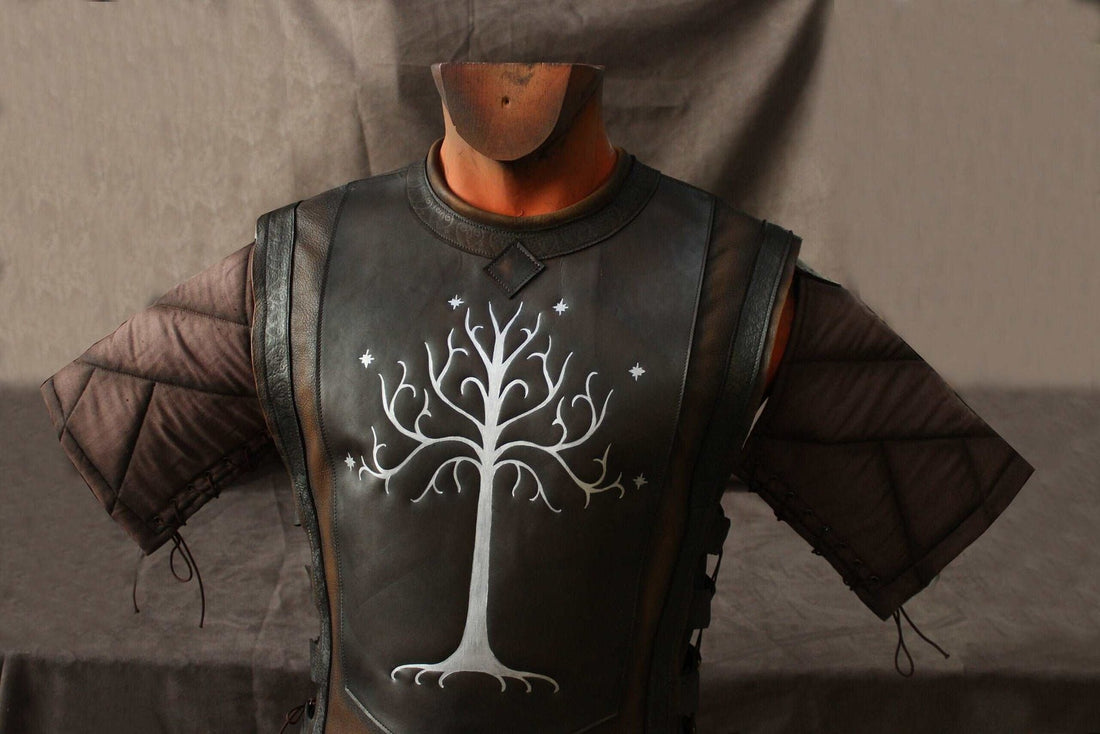 Front view of brown Faramir leather cuirass with shoulder pieces and a white tree motif