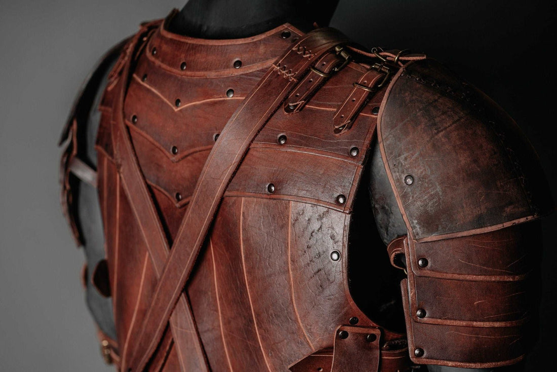 Close construction view of brown SokolArmory fantasy leather torso armor and layered shoulder protection