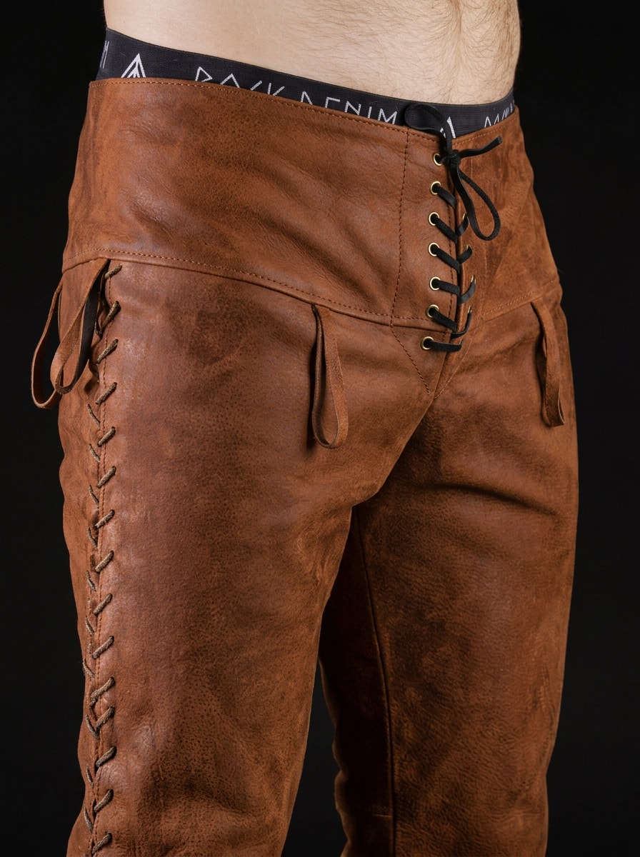 Ragnar-inspired brown leather pants in Brown, view 1