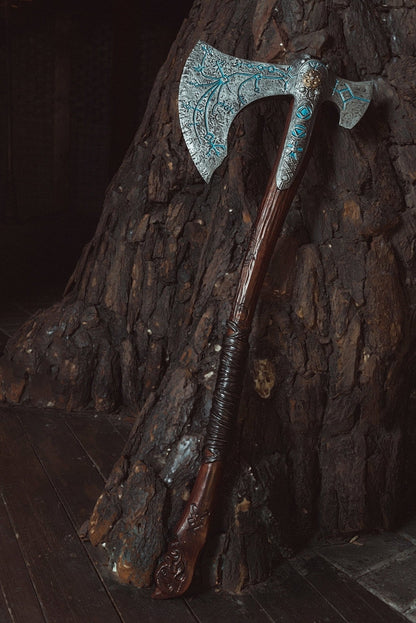 Kratos-inspired Leviathan axe cosplay prop in Brown and silver, view 1