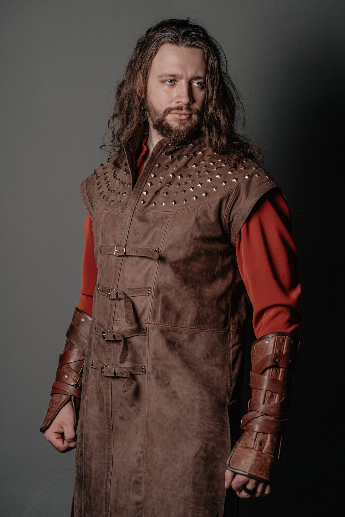 Dracula Untold-inspired long leather vest in Brown, view 1