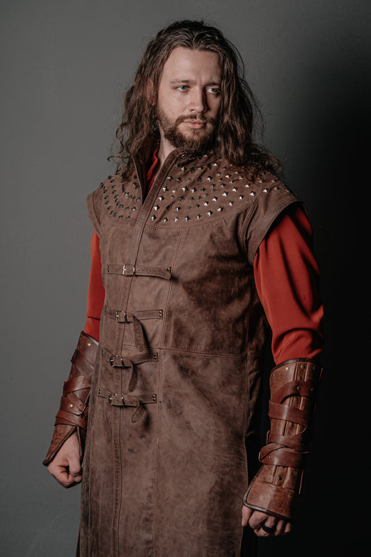 Dracula Untold-inspired long leather vest in Brown, view 1