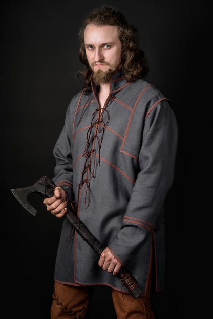Ironside-inspired Viking tunic in Gray-blue with brown trim, view 1