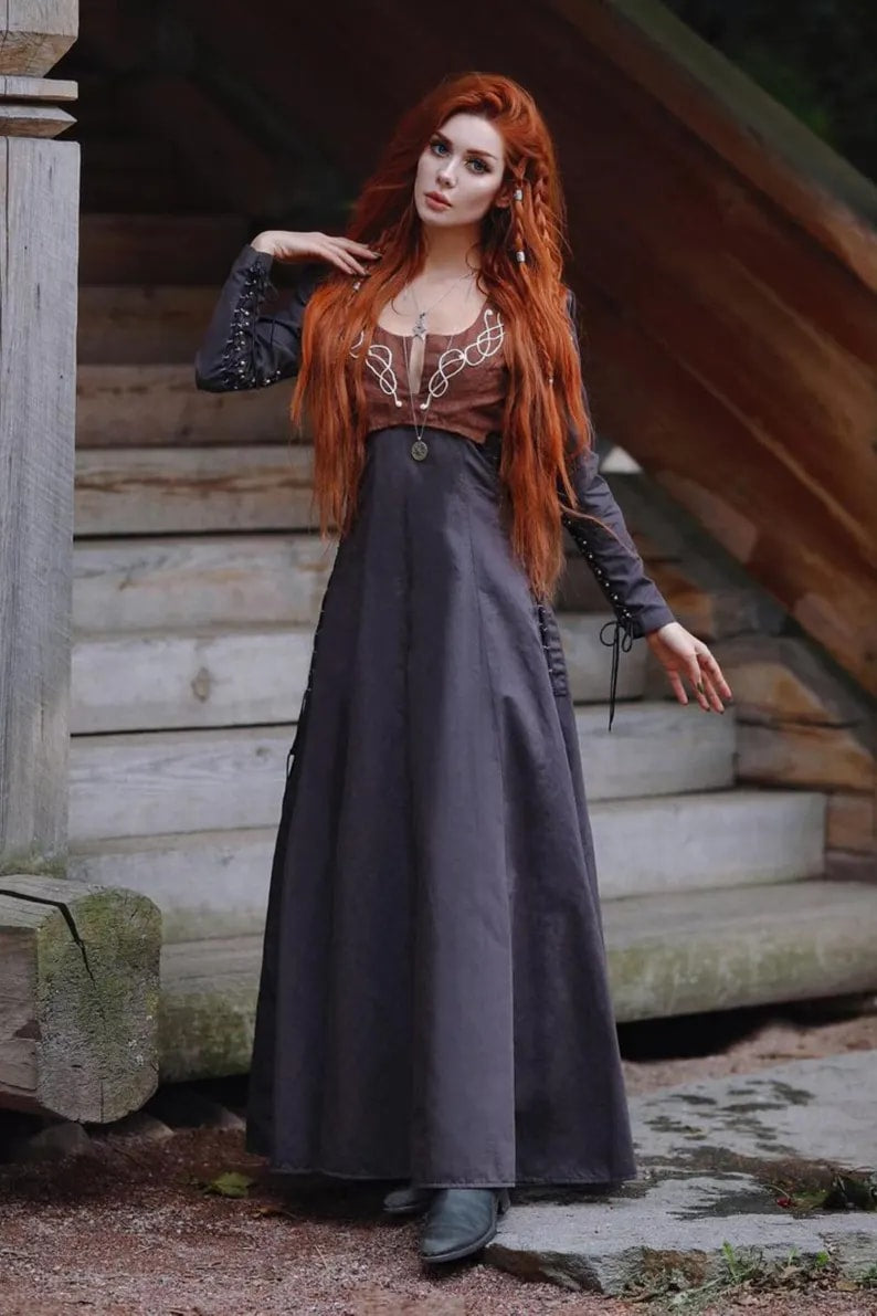 Medieval long dress with contrasting trim in Dark blue with brown trim, view 1