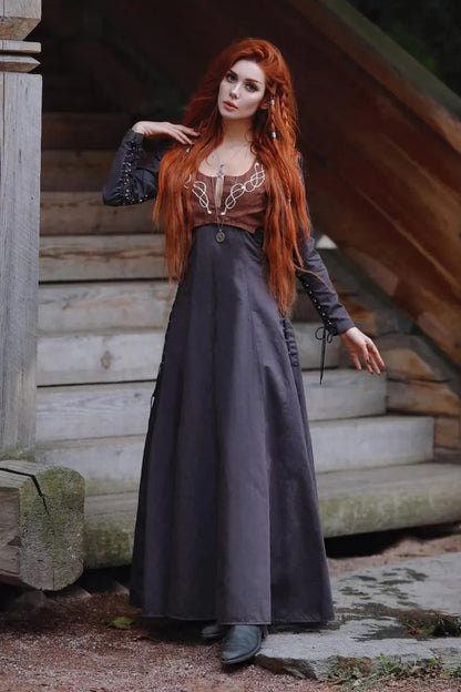Medieval long dress with contrasting trim in Dark blue with brown trim, view 1