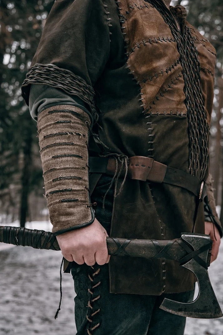 Ragnar-inspired leather bracers with metal accents in Brown with metal accents, view 1