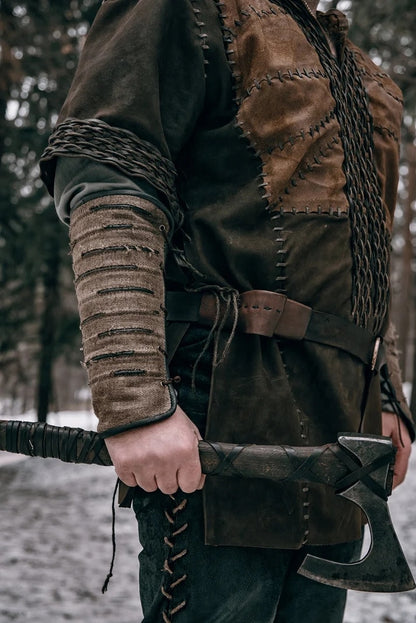 Ragnar-inspired leather bracers with metal accents in Brown with metal accents, view 1