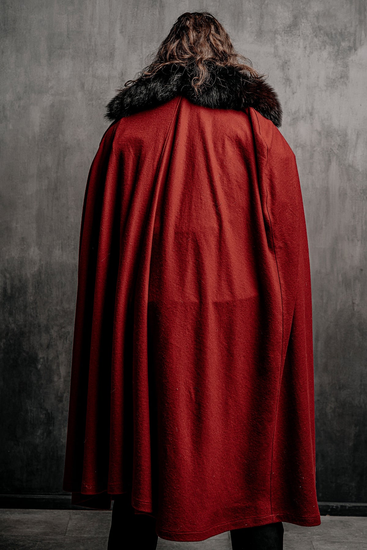 Dracula-inspired red cloak in Deep red with black textured trim, view 1
