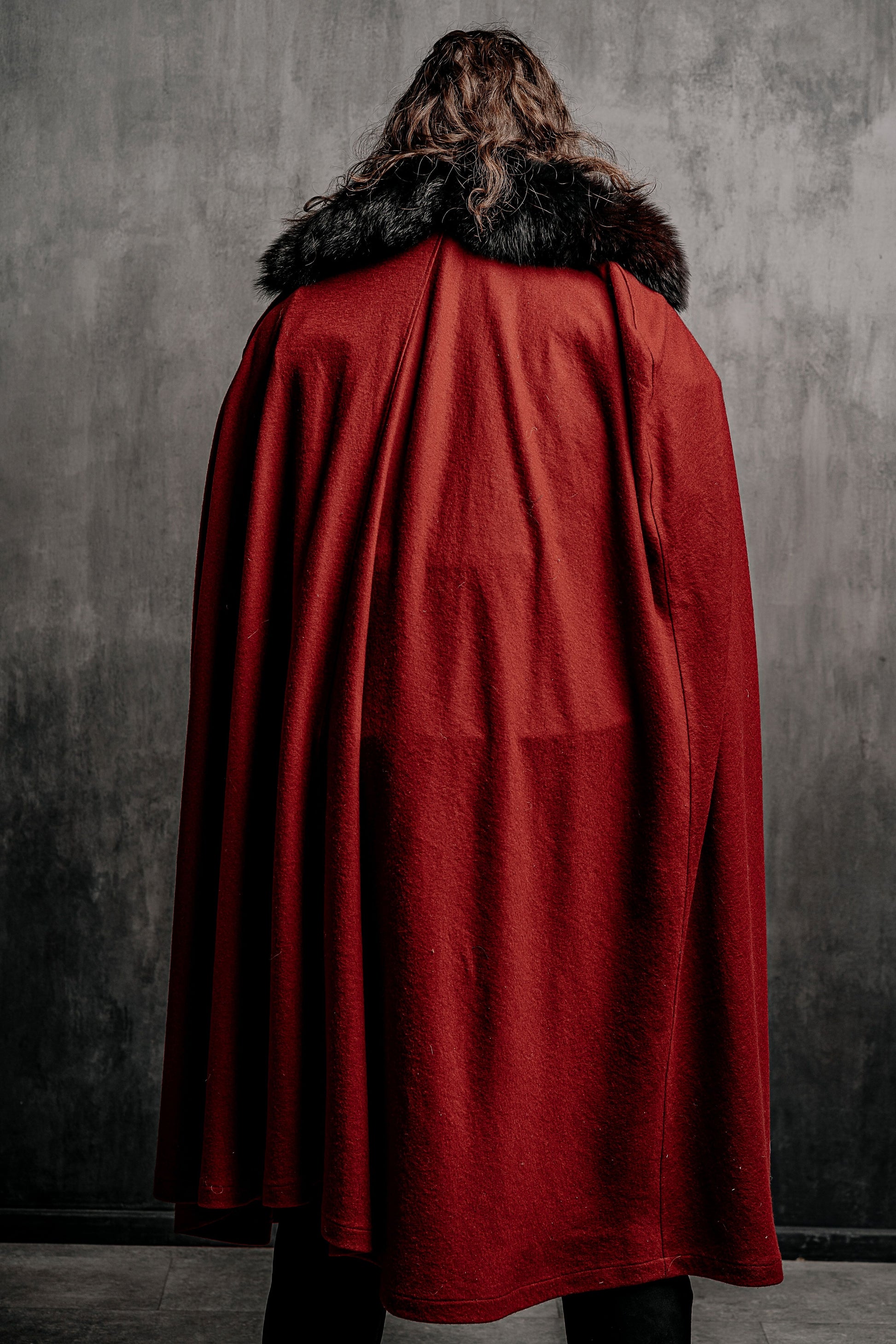 Dracula-inspired red cloak in Deep red with black textured trim, view 1