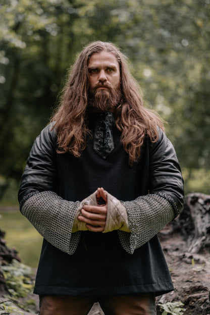 Boromir-inspired tunic with chainmail sleeves in Dark gray and silver, view 1