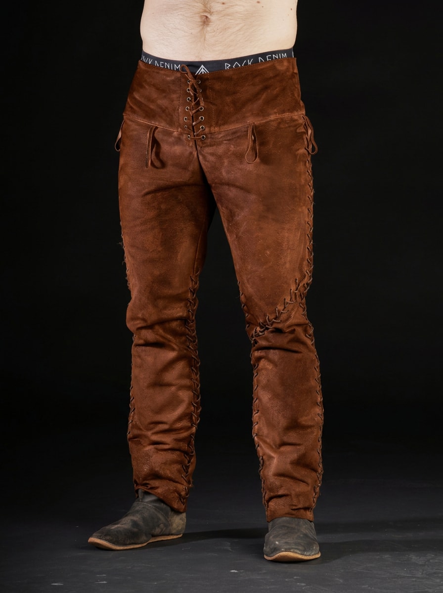 Ragnar-inspired brown leather pants in Brown, view 1