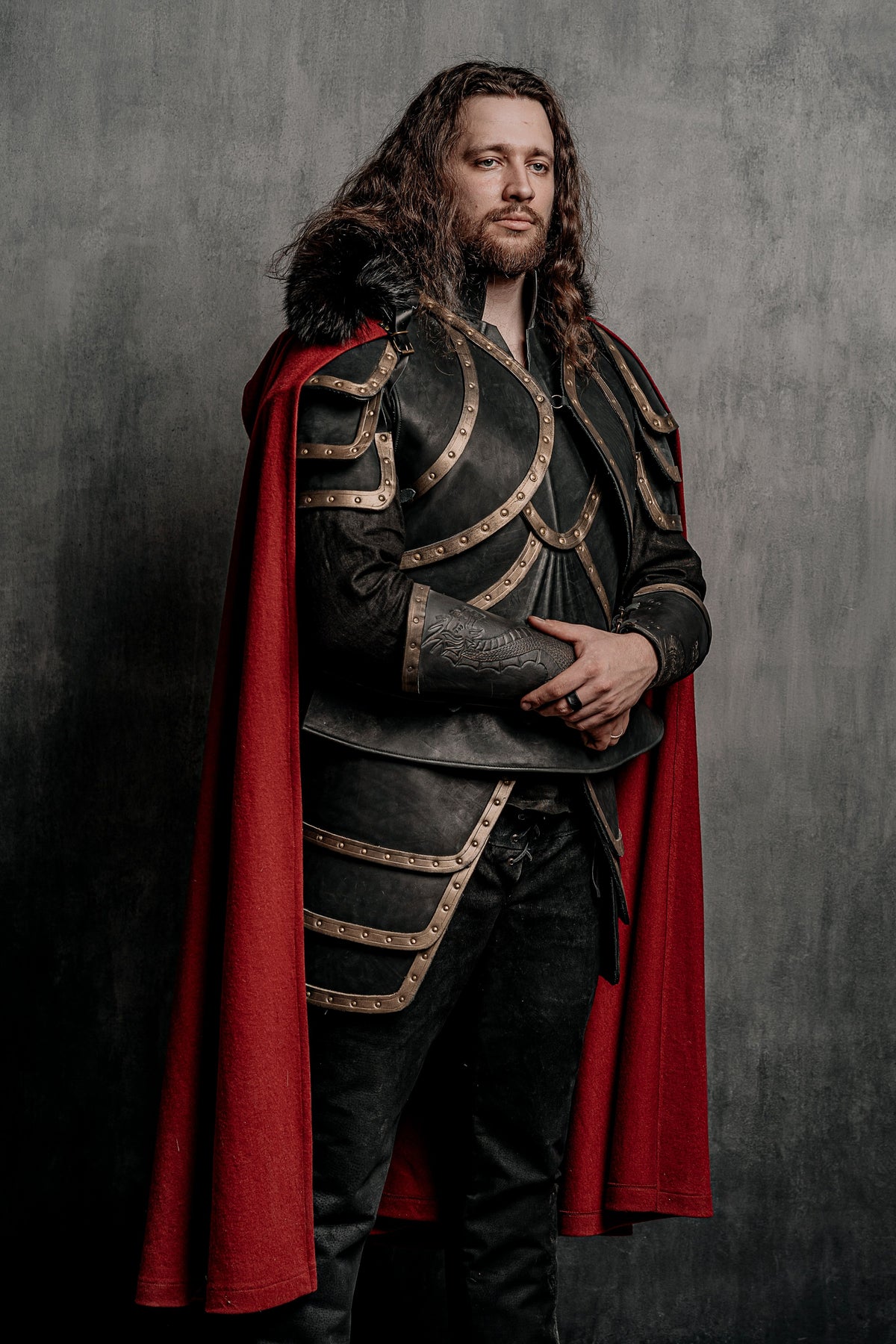 Dracula-inspired red cloak in Deep red with black textured trim, view 2