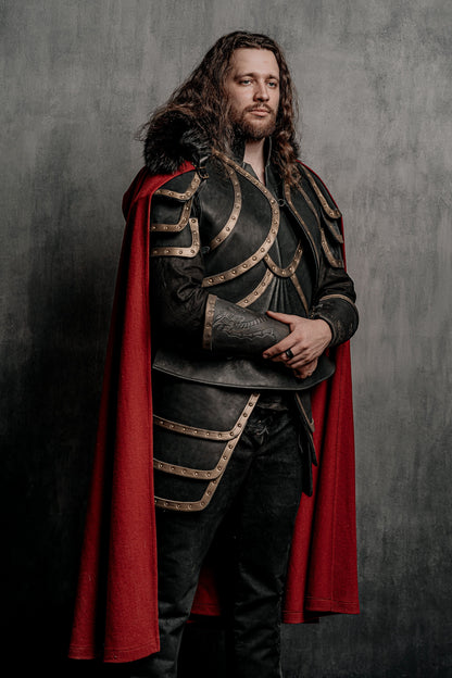 Dracula-inspired red cloak in Deep red with black textured trim, view 2