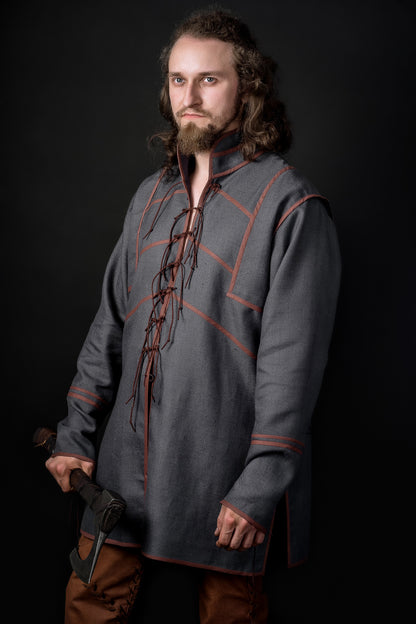 Ironside-inspired Viking tunic in Gray-blue with brown trim, view 2