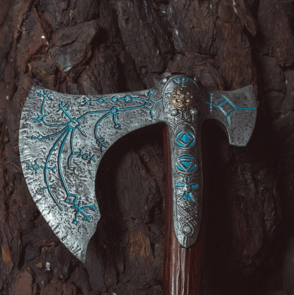 Kratos-inspired Leviathan axe cosplay prop in Brown and silver, view 2