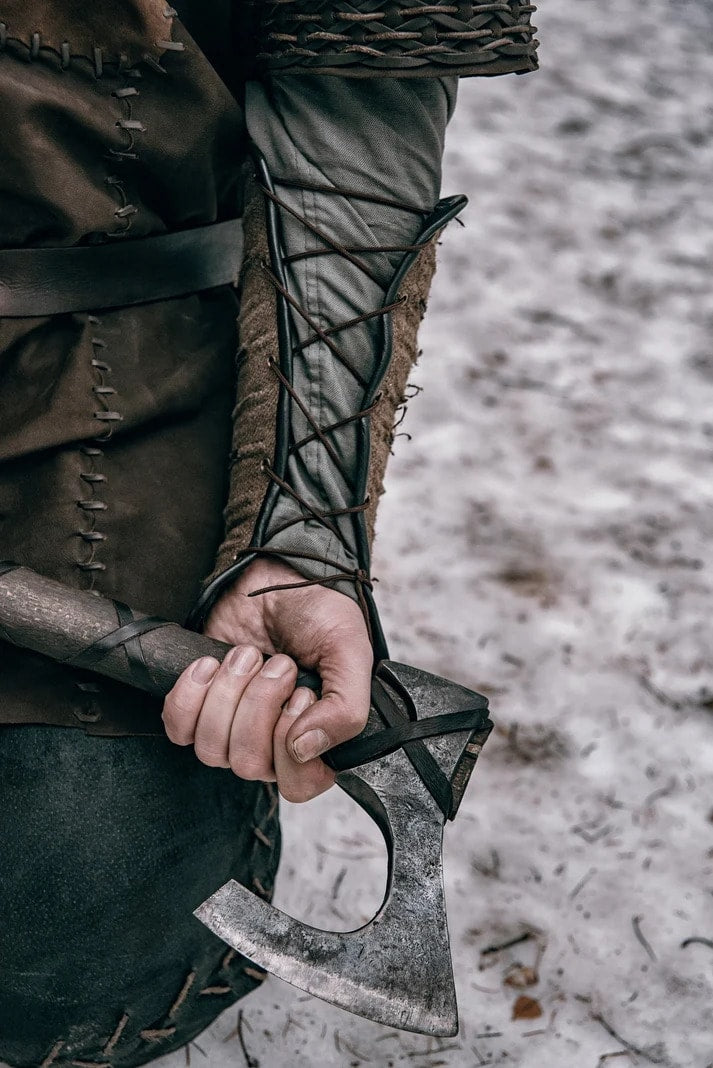 Ragnar-inspired leather bracers with metal accents in Brown with metal accents, view 3