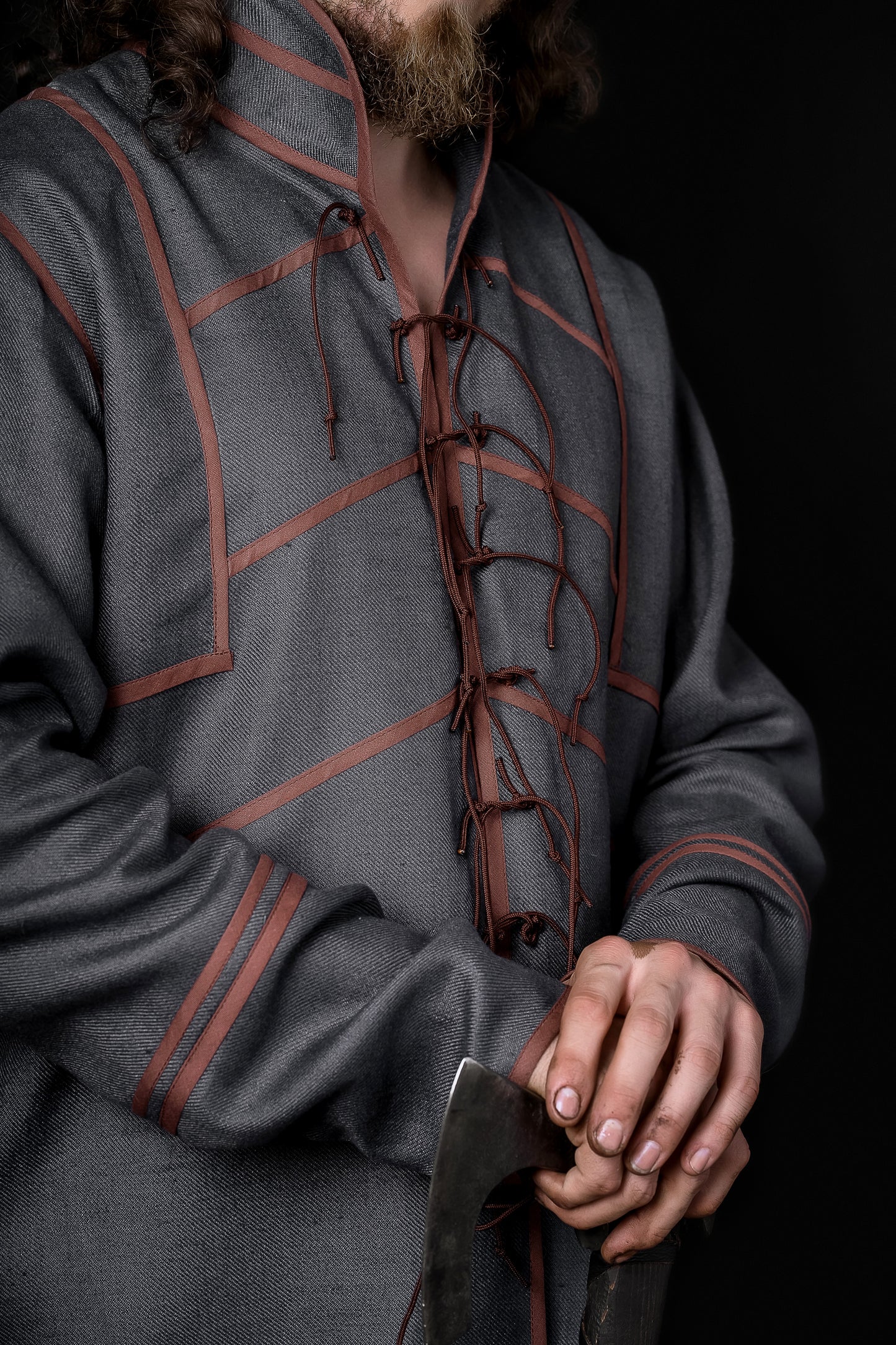 Ironside-inspired Viking tunic in Gray-blue with brown trim, view 3