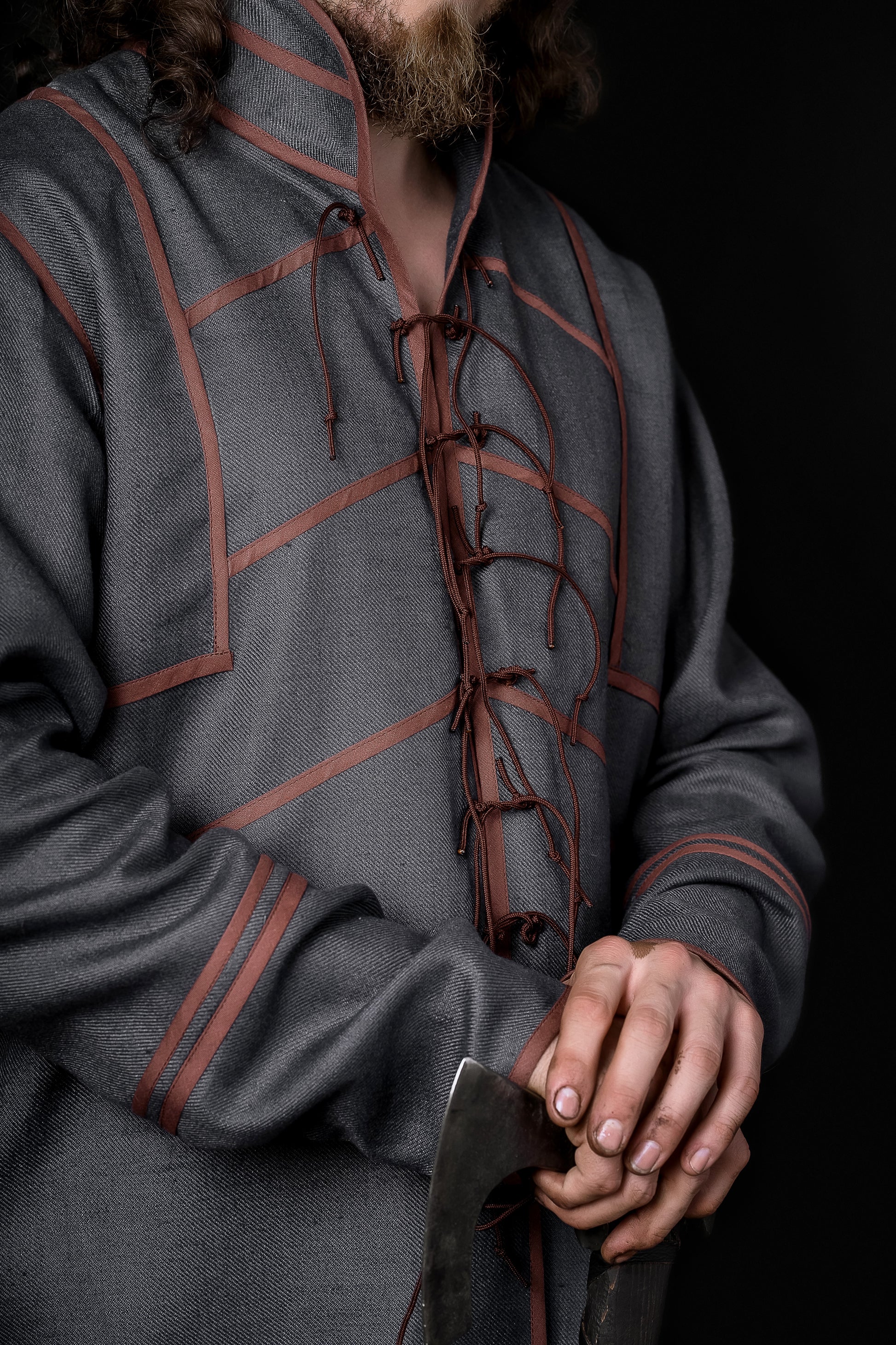 Ironside-inspired Viking tunic in Gray-blue with brown trim, view 3