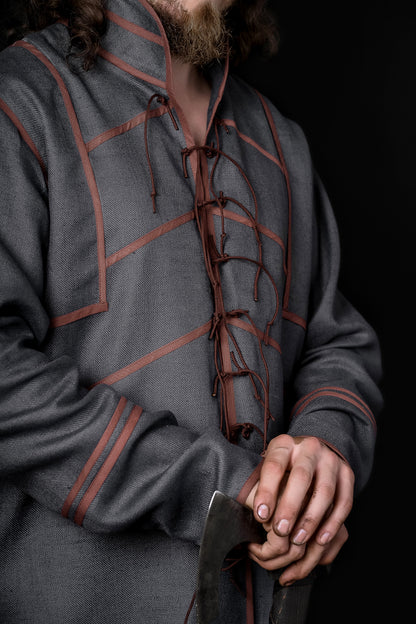 Ironside-inspired Viking tunic in Gray-blue with brown trim, view 3