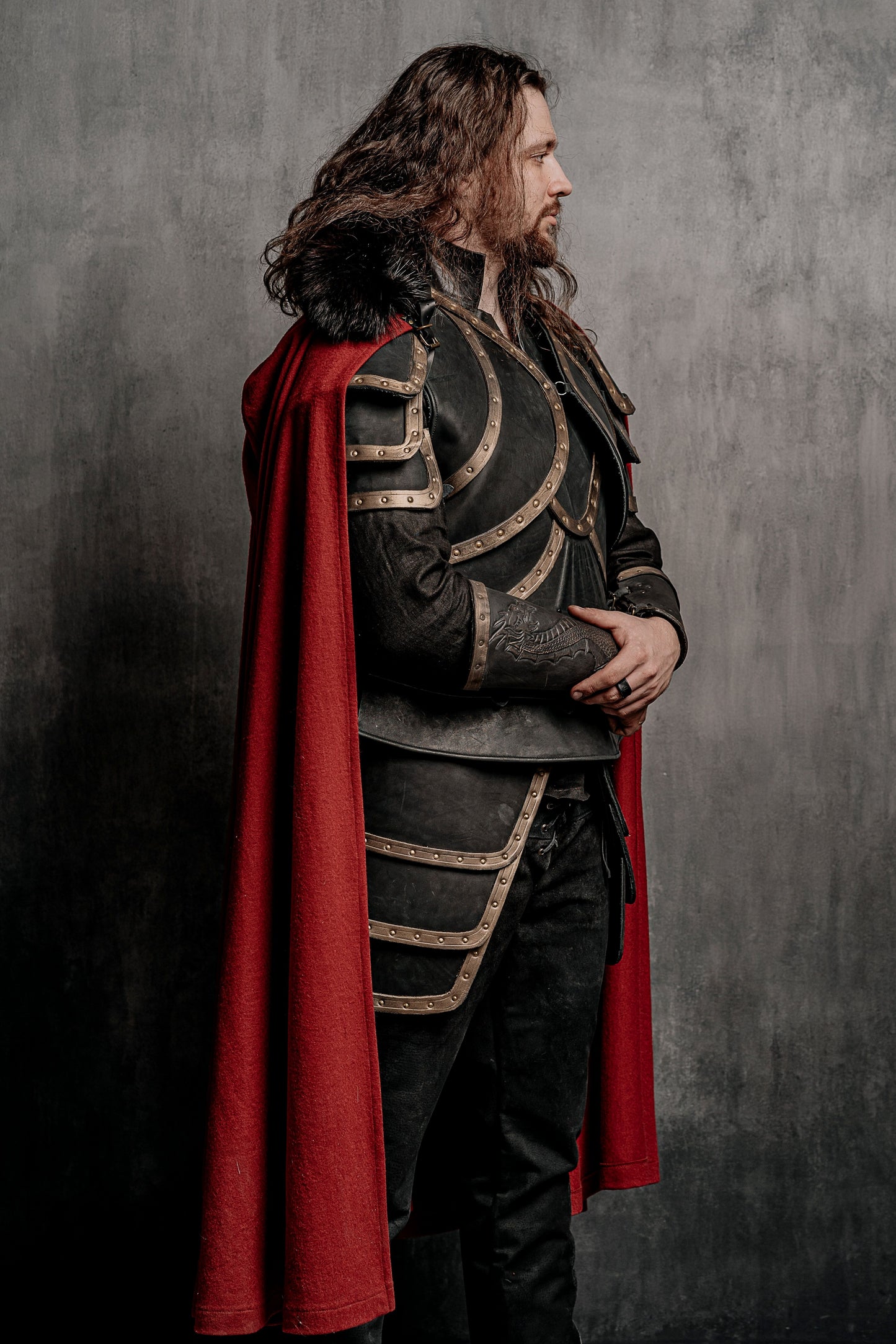 Dracula-inspired red cloak in Deep red with black textured trim, view 3