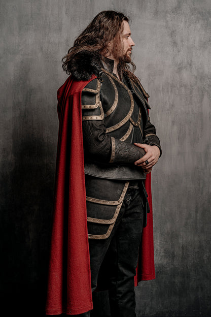 Dracula-inspired red cloak in Deep red with black textured trim, view 3