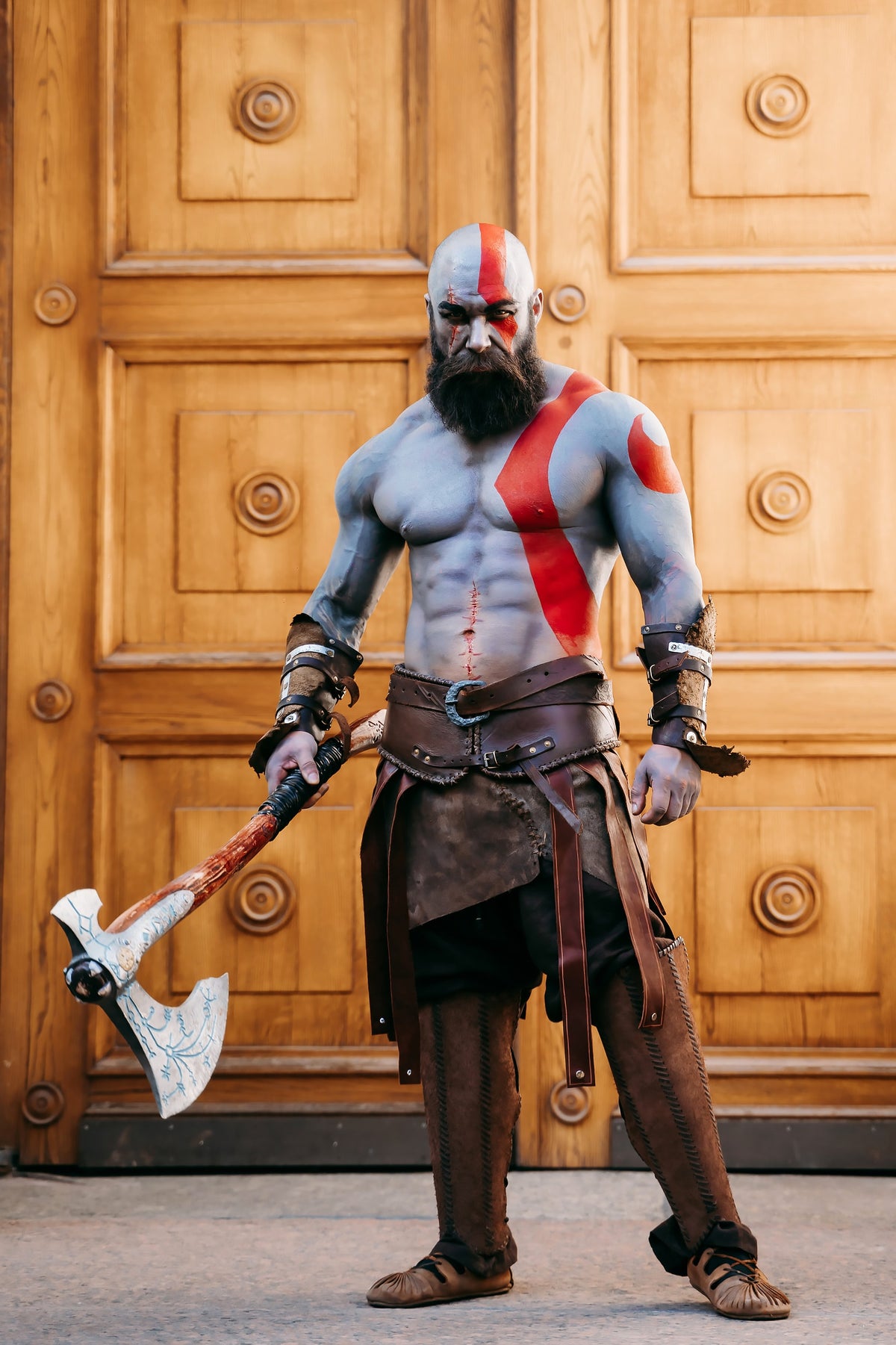Kratos-inspired Leviathan axe cosplay prop in Brown and silver, view 3