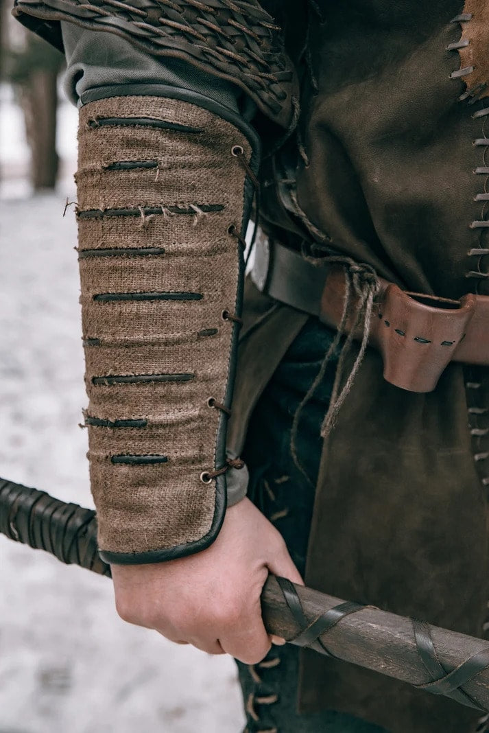 Ragnar-inspired leather bracers with metal accents in Brown with metal accents, view 4