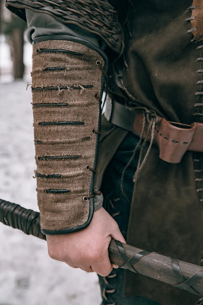 Ragnar-inspired leather bracers with metal accents in Brown with metal accents, view 4