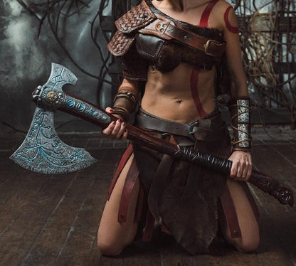 Kratos-inspired Leviathan axe cosplay prop in Brown and silver, view 4