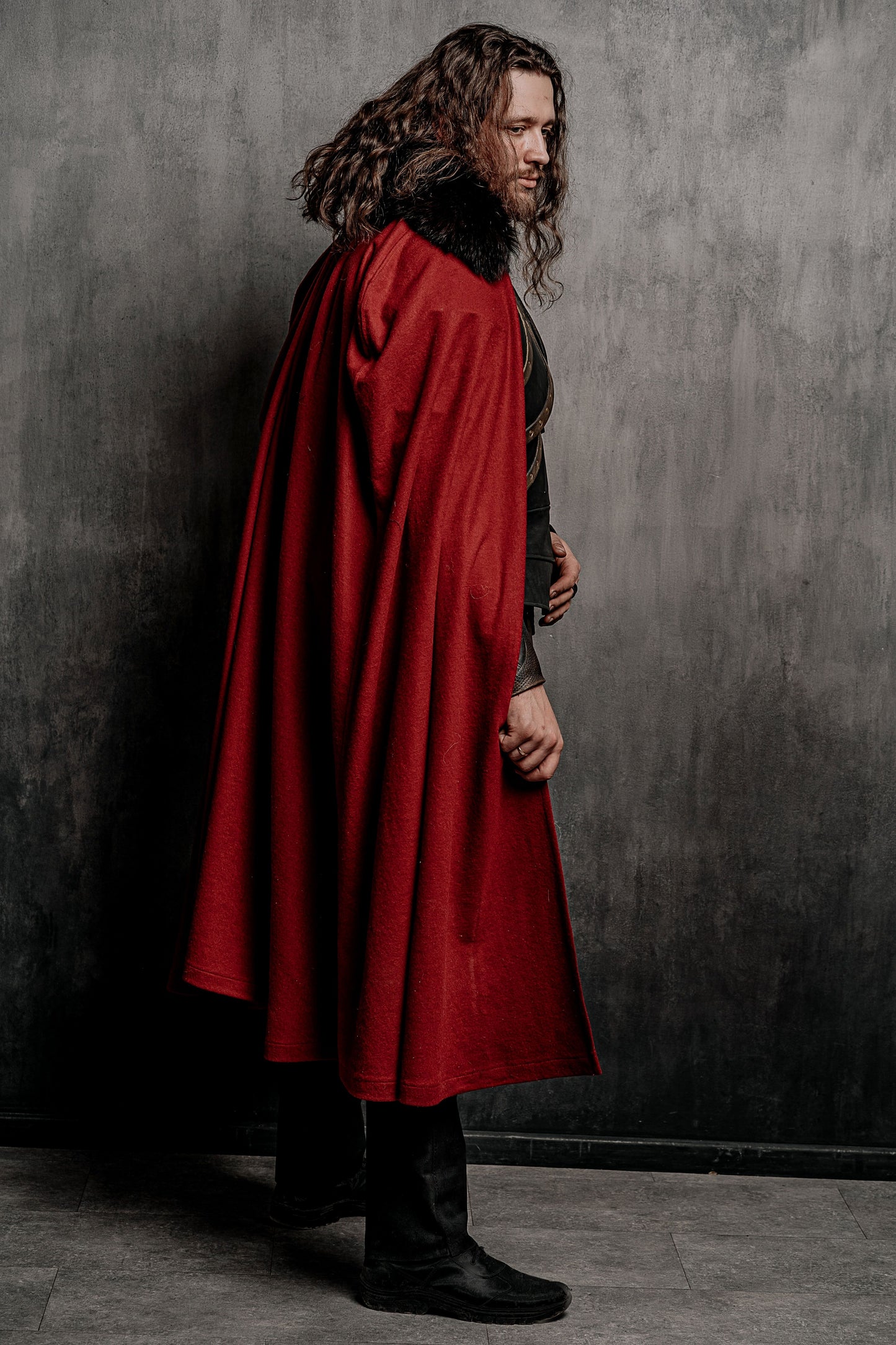 Dracula-inspired red cloak in Deep red with black textured trim, view 4