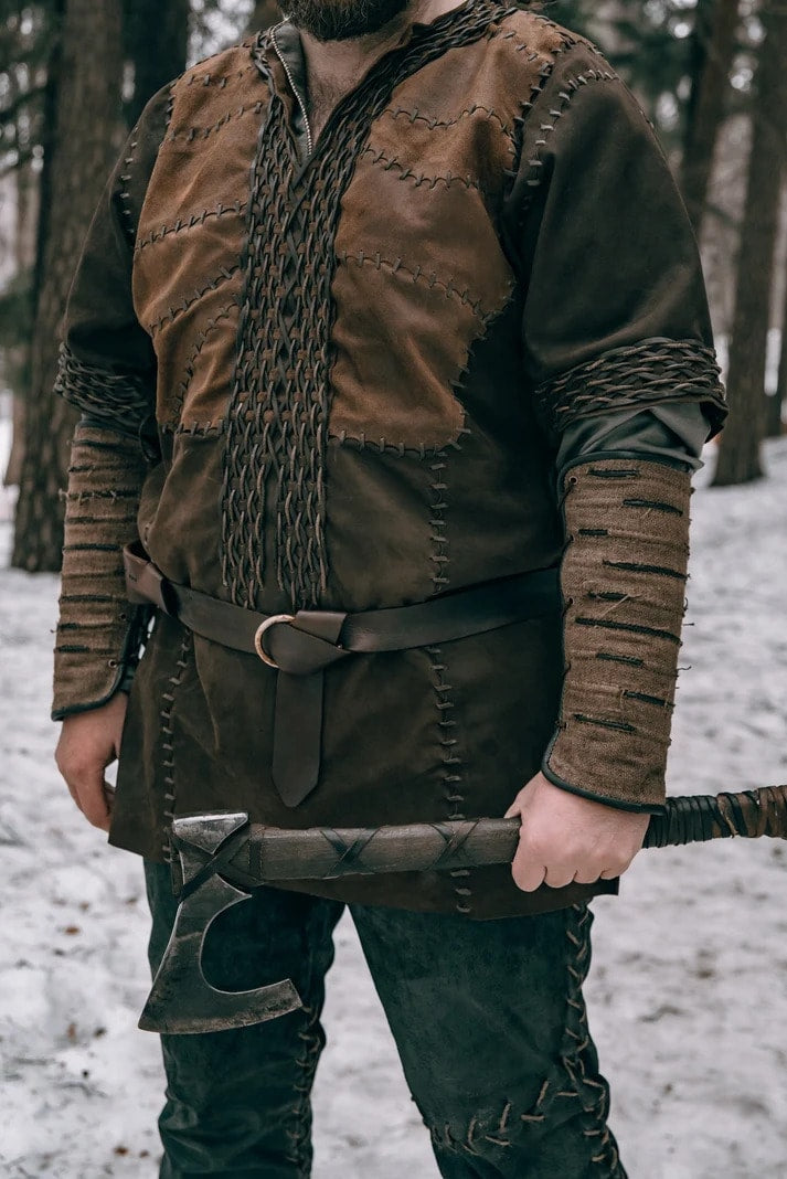 Ragnar-inspired leather bracers with metal accents in Brown with metal accents, view 5
