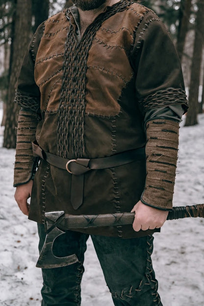 Ragnar-inspired leather bracers with metal accents in Brown with metal accents, view 5
