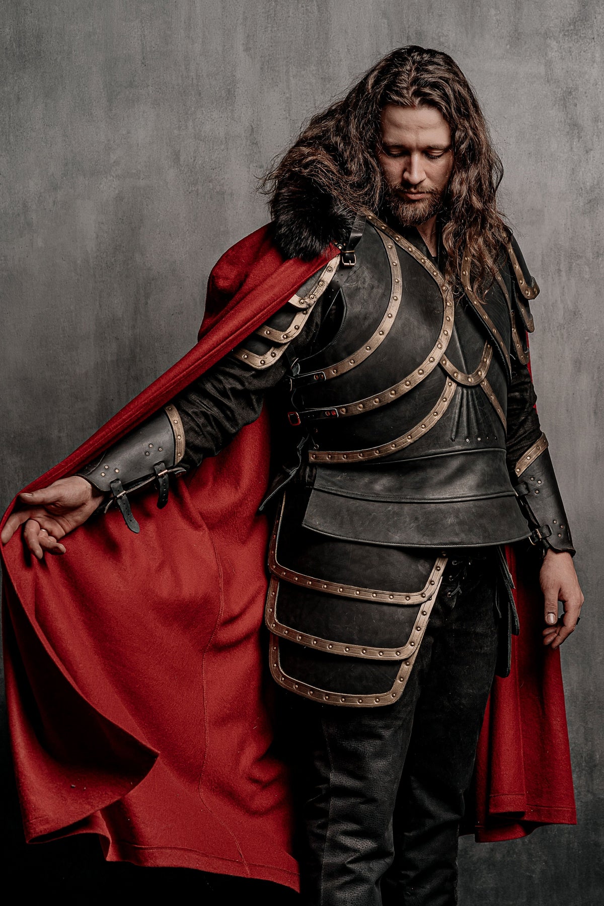 Dracula-inspired red cloak in Deep red with black textured trim, view 5