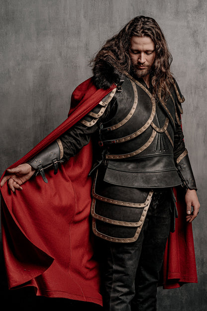 Dracula-inspired red cloak in Deep red with black textured trim, view 5