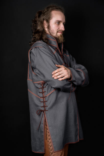 Ironside-inspired Viking tunic in Gray-blue with brown trim, view 5
