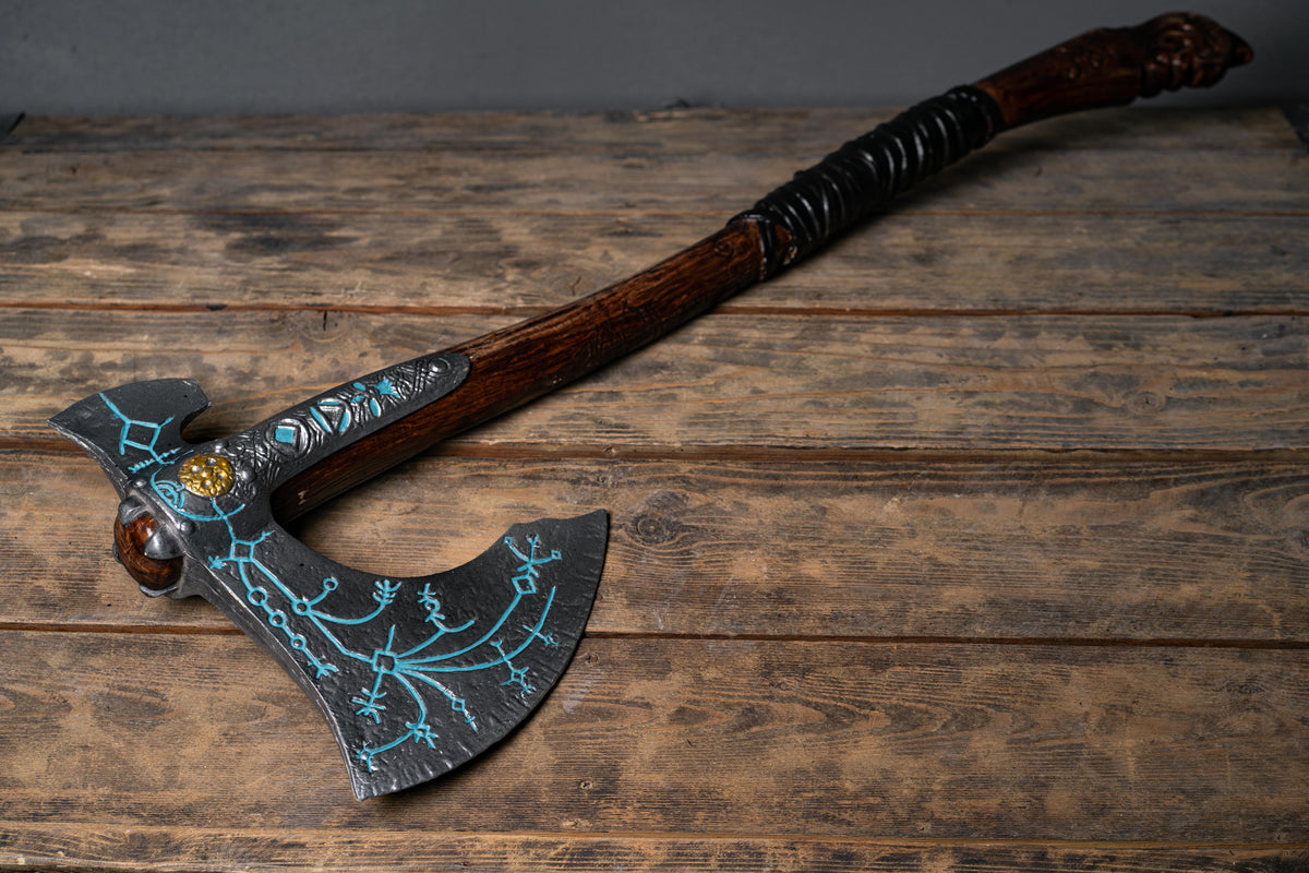 Kratos-inspired Leviathan axe cosplay prop in Brown and silver, view 6