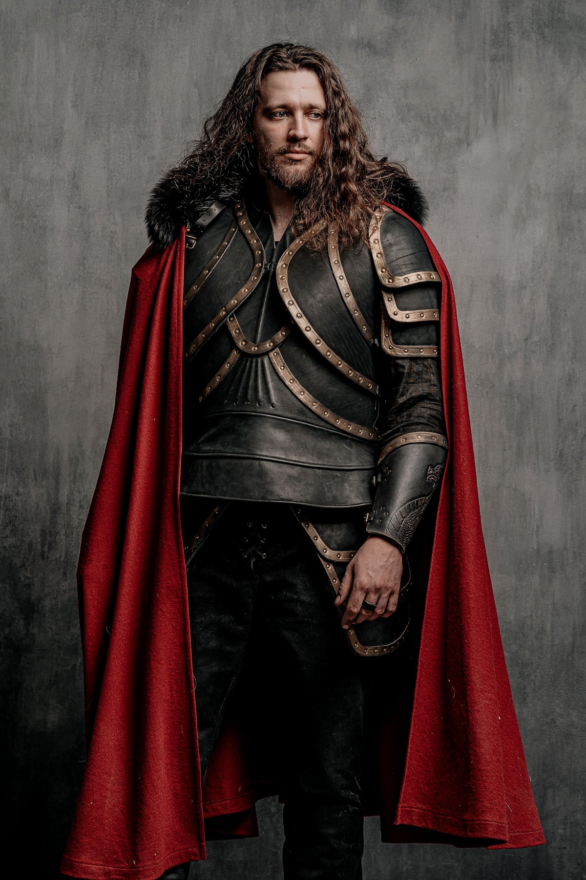 Dracula-inspired red cloak in Deep red with black textured trim, view 6
