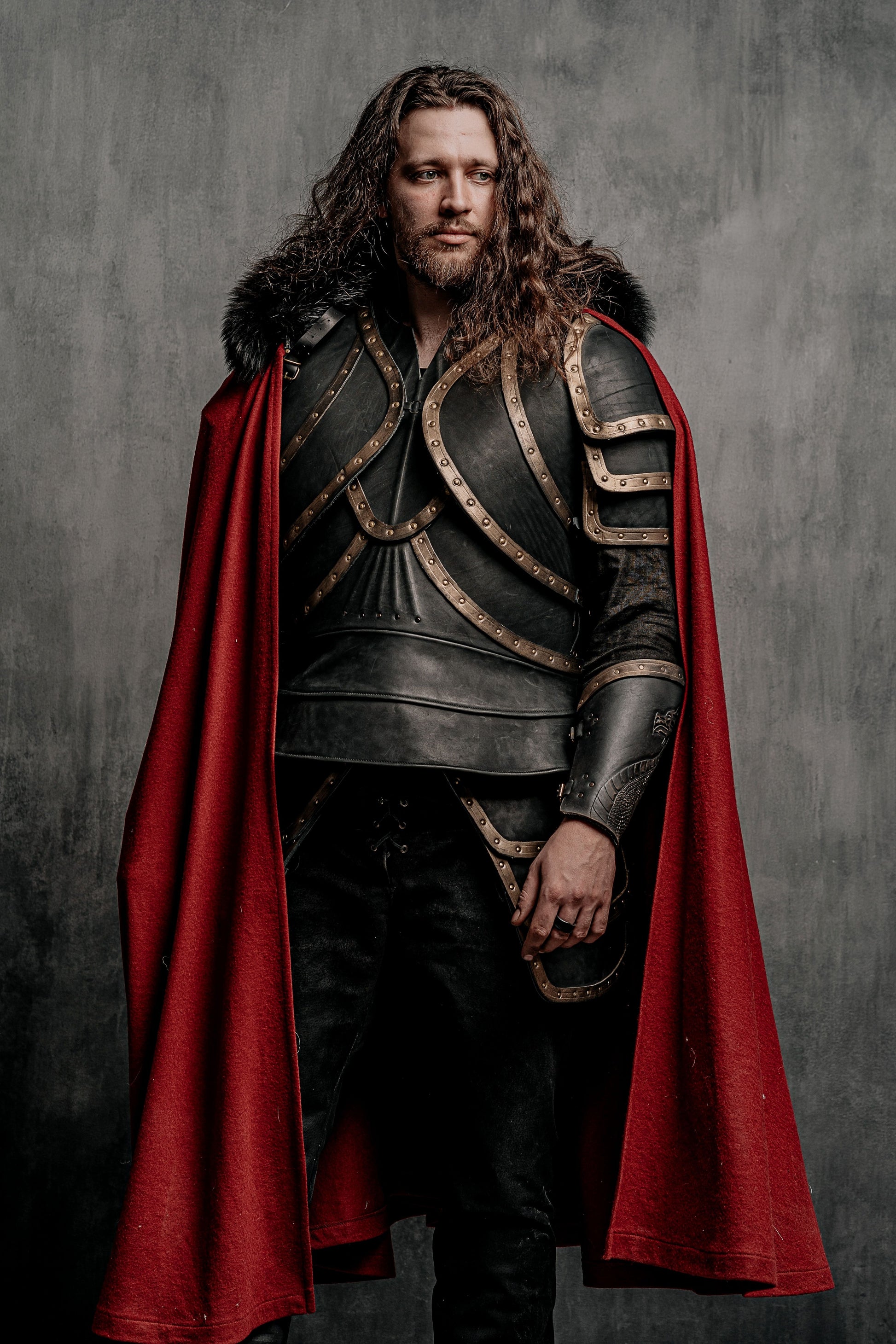 Dracula-inspired red cloak in Deep red with black textured trim, view 6